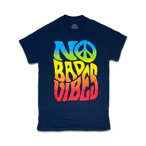 No Bad Vibes Peace Navy Blue and Rainbow Short Sleeve Tee Shirt